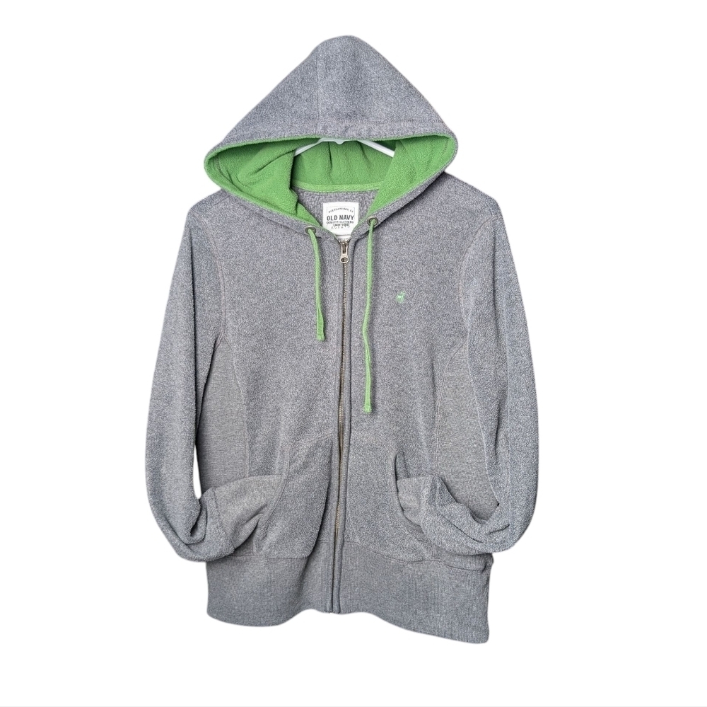 Old Navy Gray Hoodie Green Lining Women's L Drawstring Hood Full Zipper Front